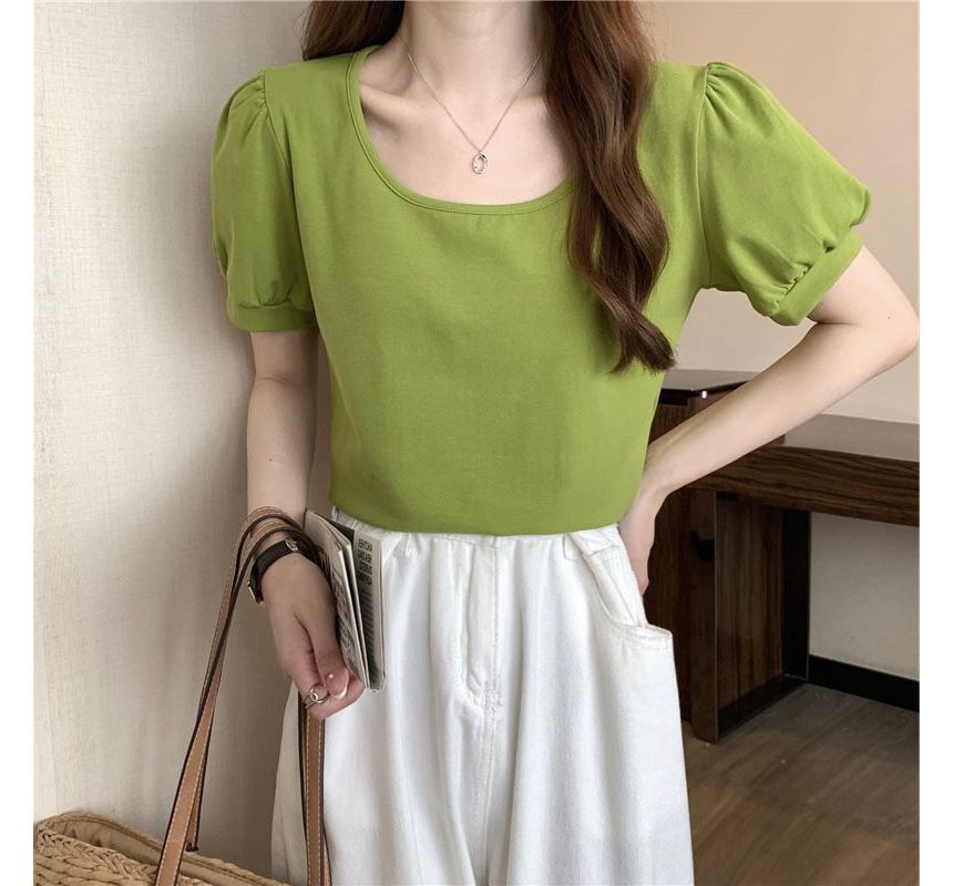 Neck Scoop Plain Puff-Sleeve T-Shirt