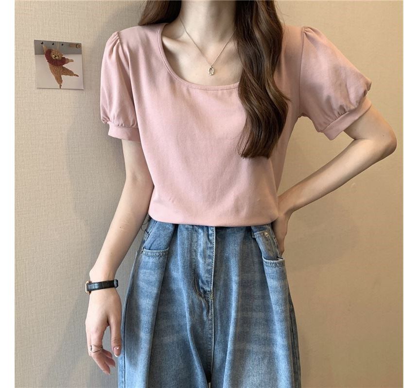 Neck Scoop Plain Puff-Sleeve T-Shirt