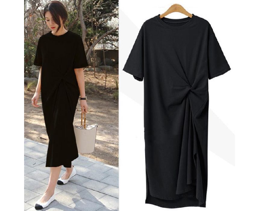 T-Shirt Twist Midi Crew Dress Neck Short-Sleeve Plain
