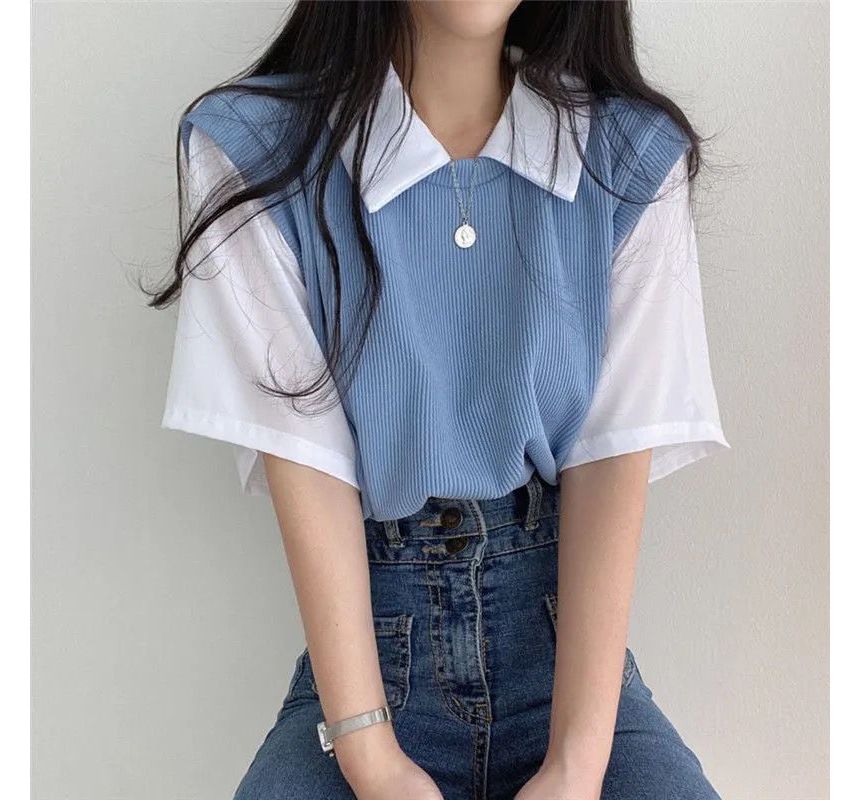 Mock Two T-Shirt Piece Collared Short-Sleeve