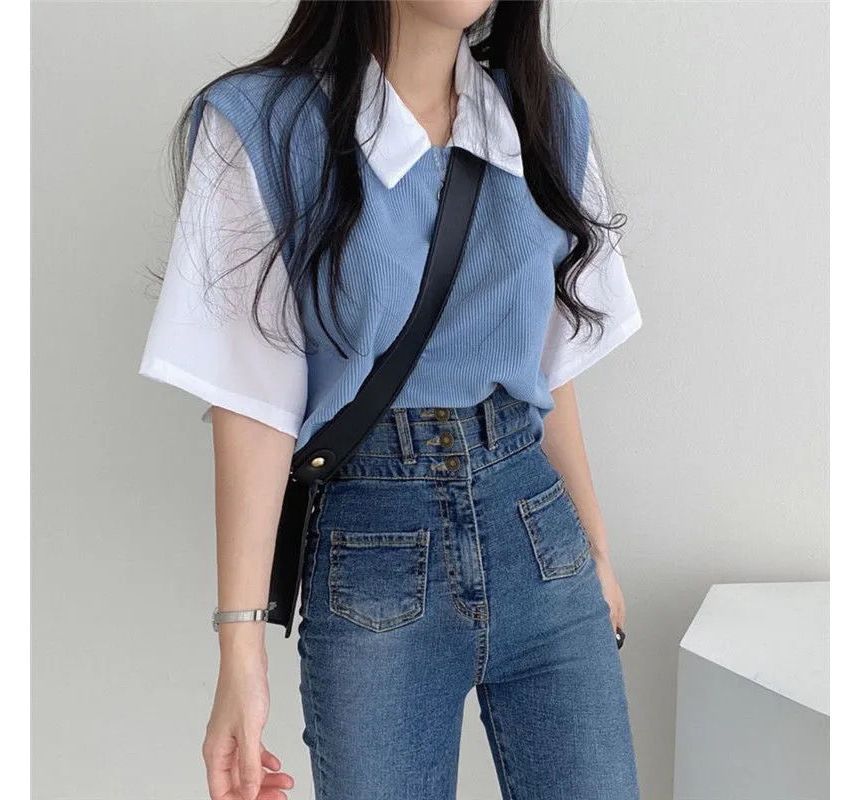 Mock Two T-Shirt Piece Collared Short-Sleeve