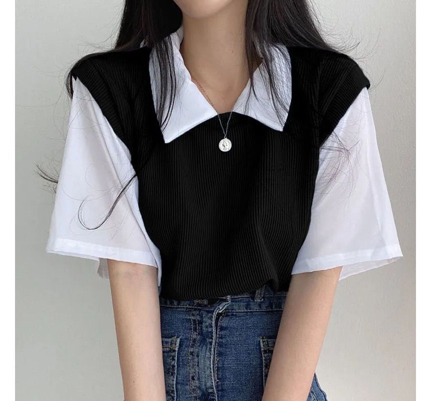 Mock Two T-Shirt Piece Collared Short-Sleeve