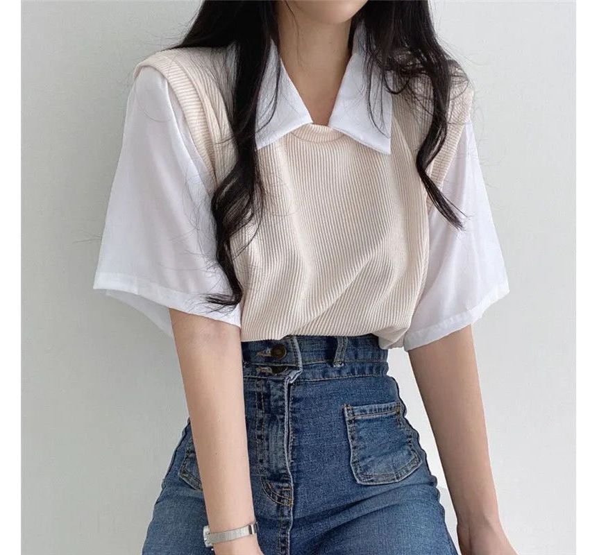Mock Two T-Shirt Piece Collared Short-Sleeve
