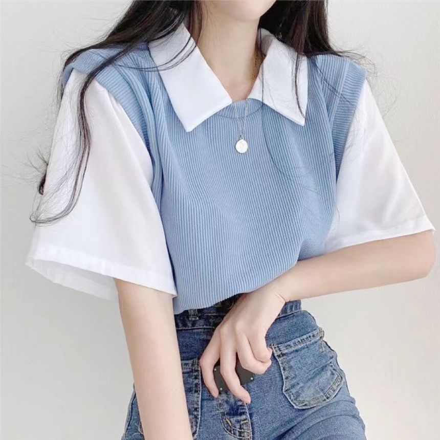 Mock Two T-Shirt Piece Collared Short-Sleeve