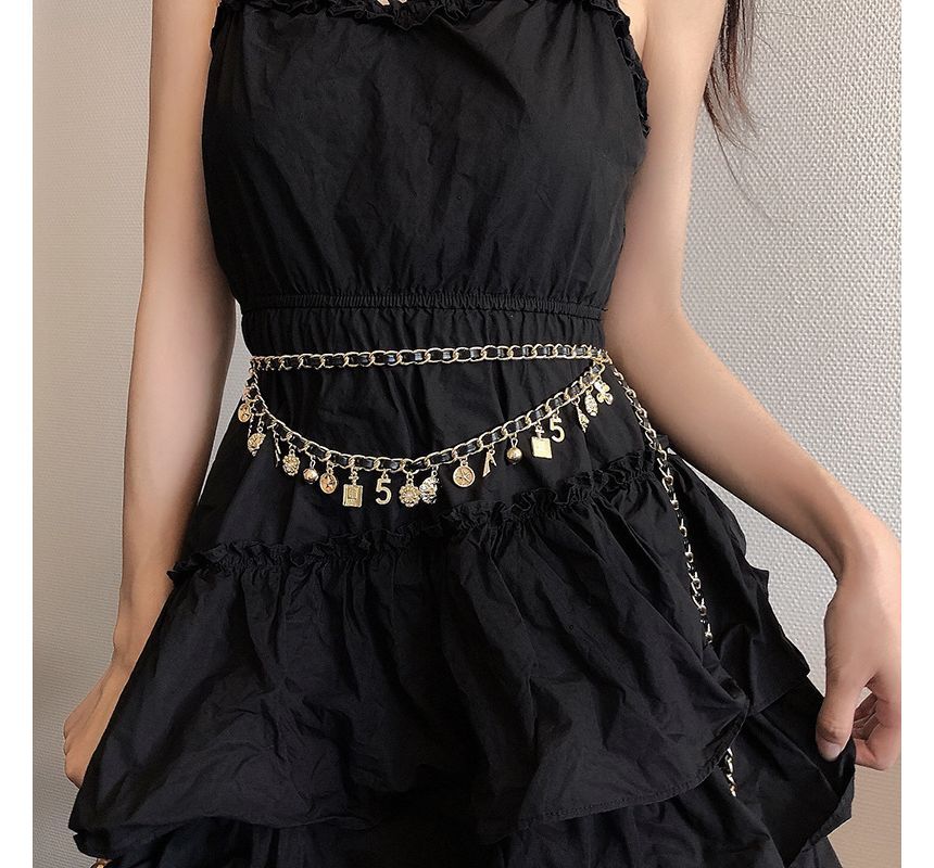 Chain Fringed Layered Alloy Leather Waist Belt Faux