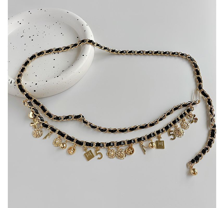 Chain Fringed Layered Alloy Leather Waist Belt Faux