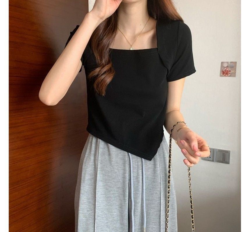 Neck Cropped Short-Sleeve Irregular Square T-Shirt