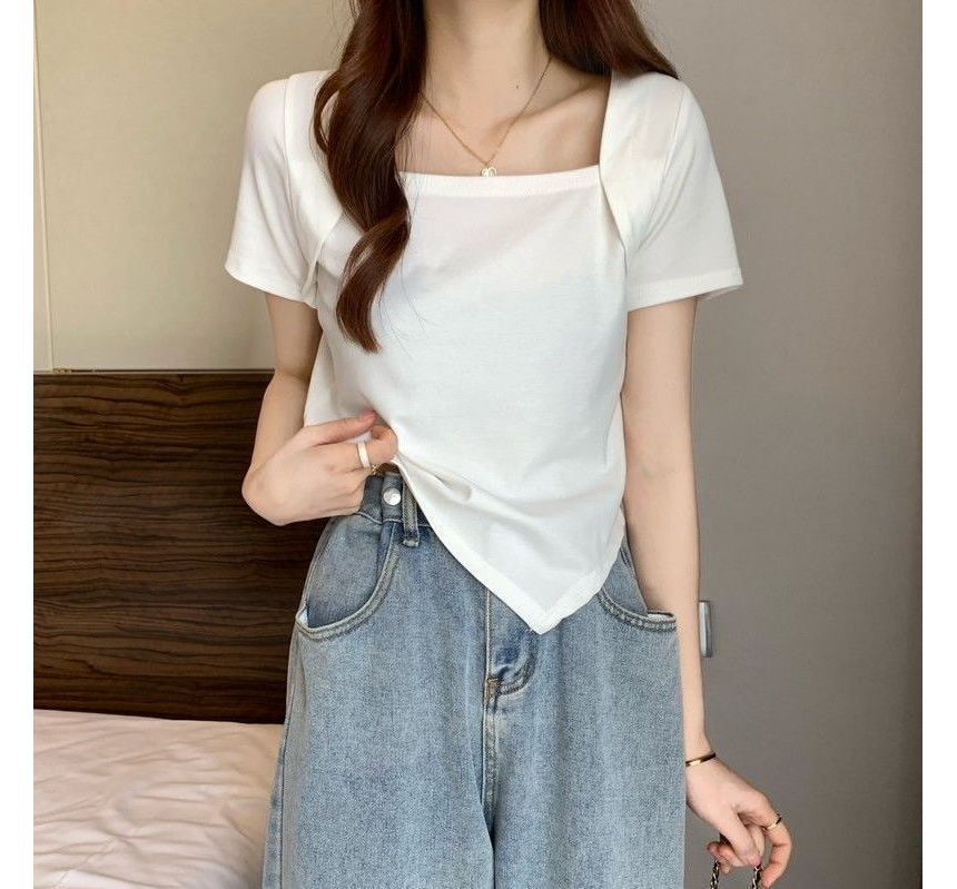 Neck Cropped Short-Sleeve Irregular Square T-Shirt