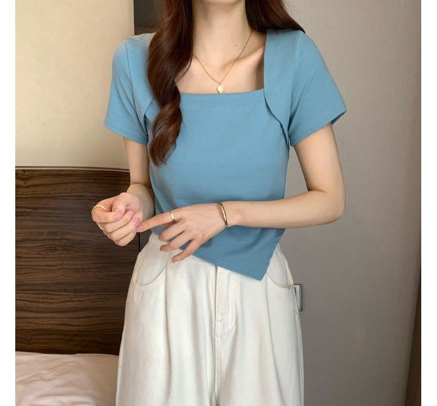 Neck Cropped Short-Sleeve Irregular Square T-Shirt