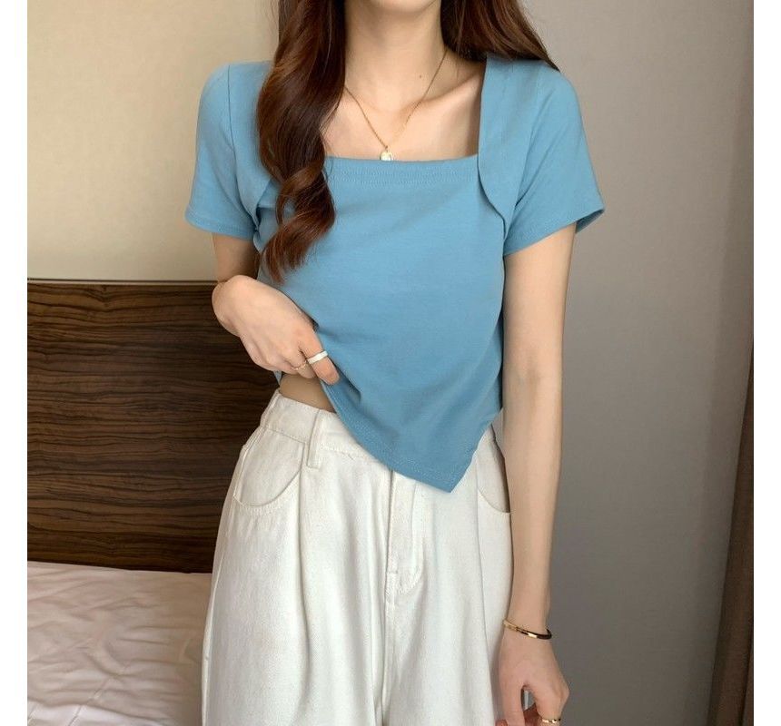 Neck Cropped Short-Sleeve Irregular Square T-Shirt