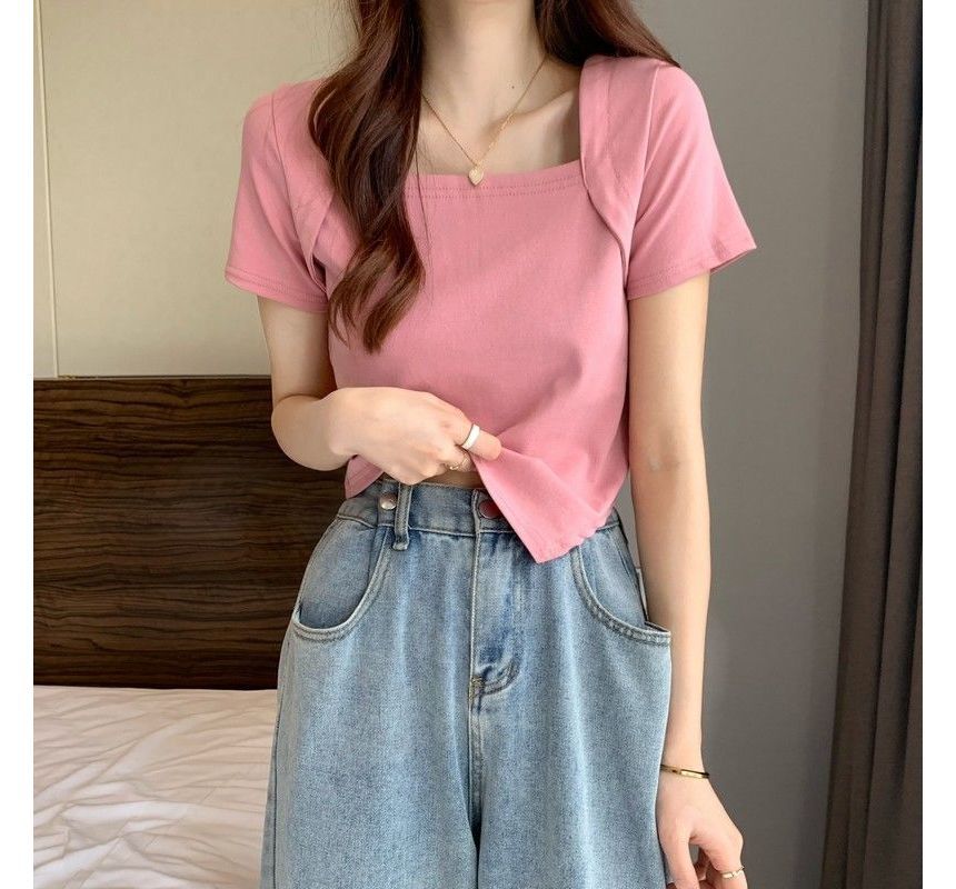 Neck Cropped Short-Sleeve Irregular Square T-Shirt