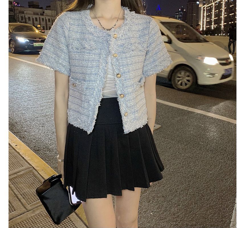 Short-Sleeve Crew Neck Tweed Button Jacket