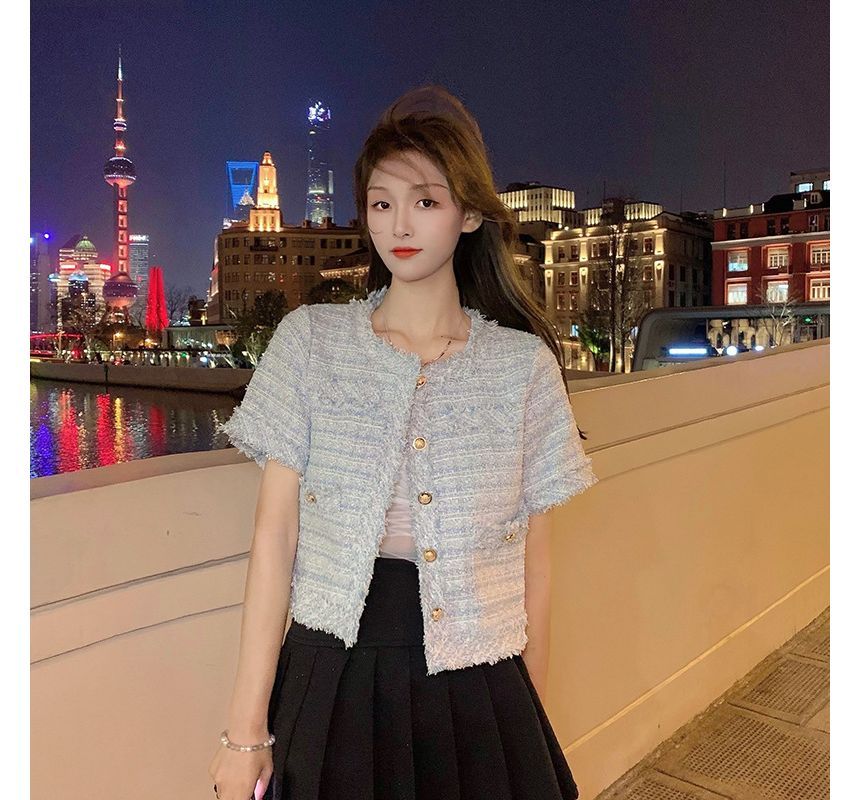 Short-Sleeve Crew Neck Tweed Button Jacket