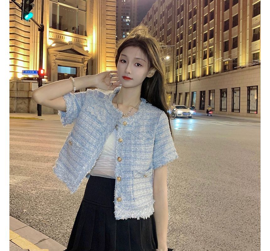 Short-Sleeve Crew Neck Tweed Button Jacket