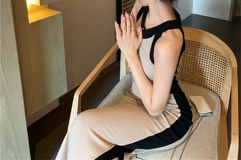 Midi Dress Slim-Fit Sleeveless Two-Tone