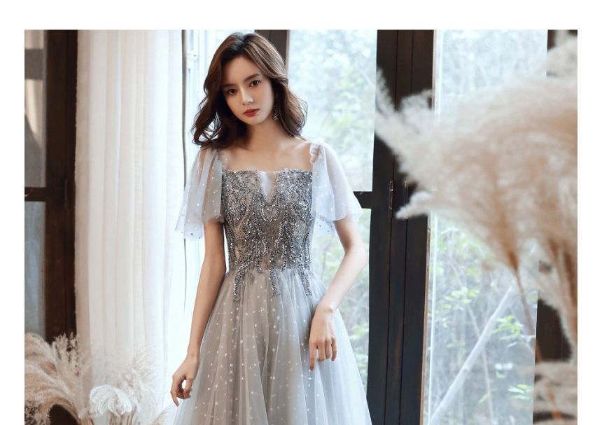 Gown Mesh / Midi Evening Sequin Cap-Sleeve Dress A-Line Panel