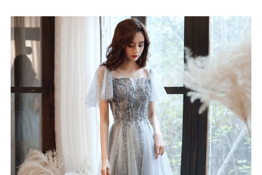 Gown Mesh / Midi Evening Sequin Cap-Sleeve Dress A-Line Panel