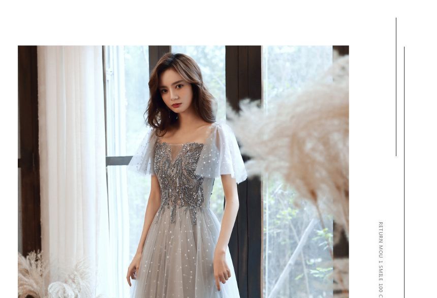 Gown Mesh / Midi Evening Sequin Cap-Sleeve Dress A-Line Panel