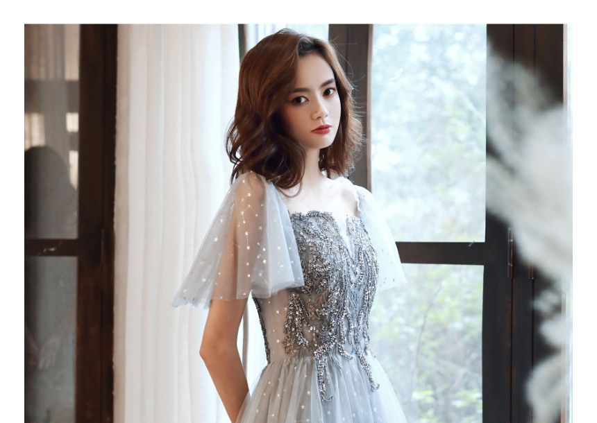 Gown Mesh / Midi Evening Sequin Cap-Sleeve Dress A-Line Panel