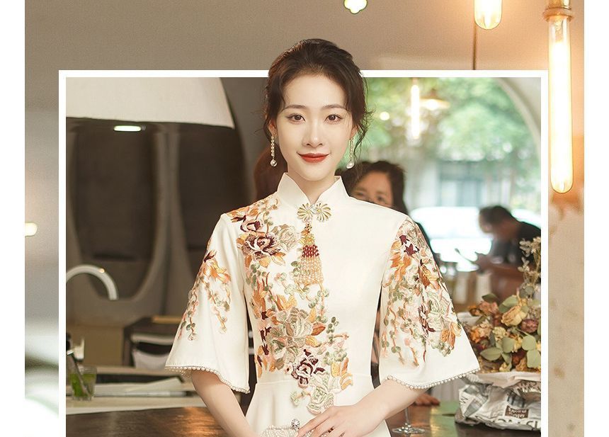 Collar Dress Mandarin Elbow-Sleeve Embroidered Floral Evening A-Line