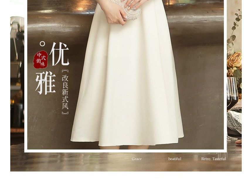 Collar Dress Mandarin Elbow-Sleeve Embroidered Floral Evening A-Line