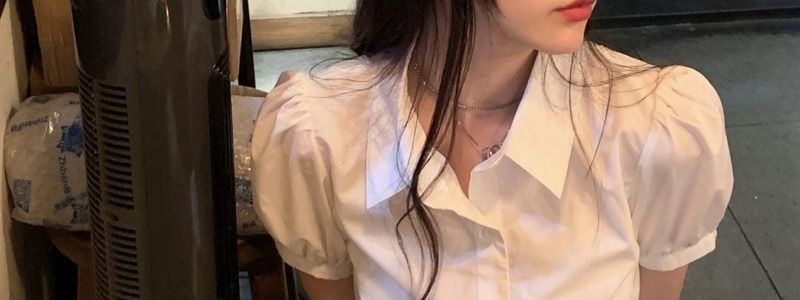 Puff-Sleeve Plain Button-Up Shirt