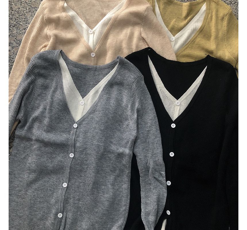 Two Button-Up Two-Piece Top Knit Mock Long-Sleeve V-Neck Tone