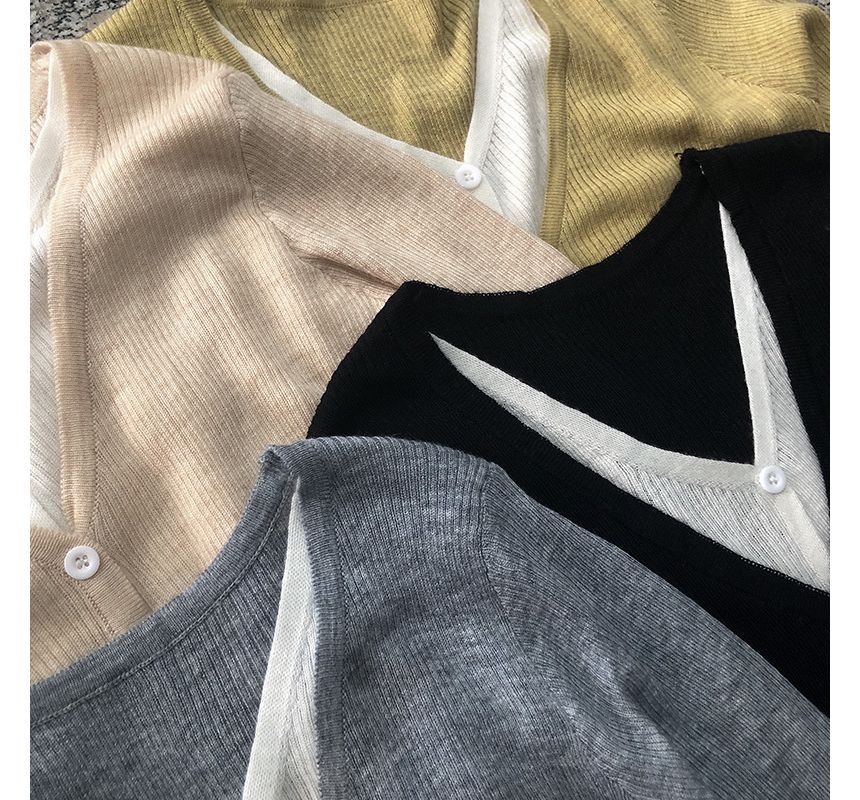 Two Button-Up Two-Piece Top Knit Mock Long-Sleeve V-Neck Tone