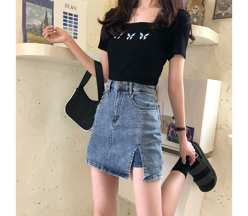 High Waist Slit Denim Mini Pencil Skort