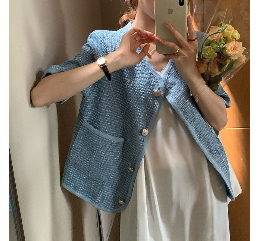 Short-Sleeve Pocket Detail Tweed Single-Breasted Jacket