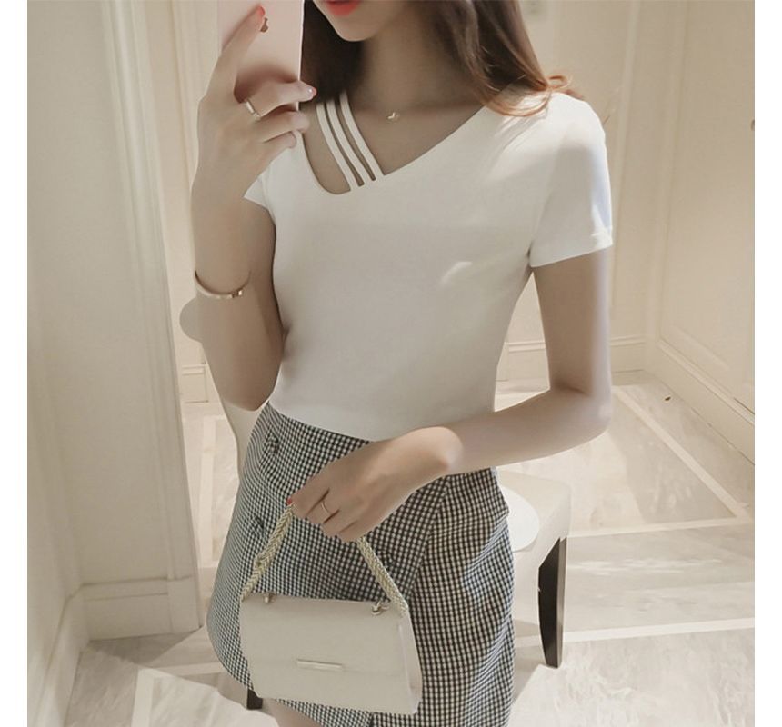 Asymmetrical Strappy Short-Sleeve Plain Tee V-Neck