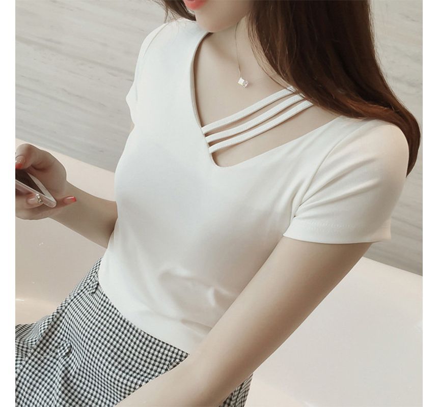 Asymmetrical Strappy Short-Sleeve Plain Tee V-Neck