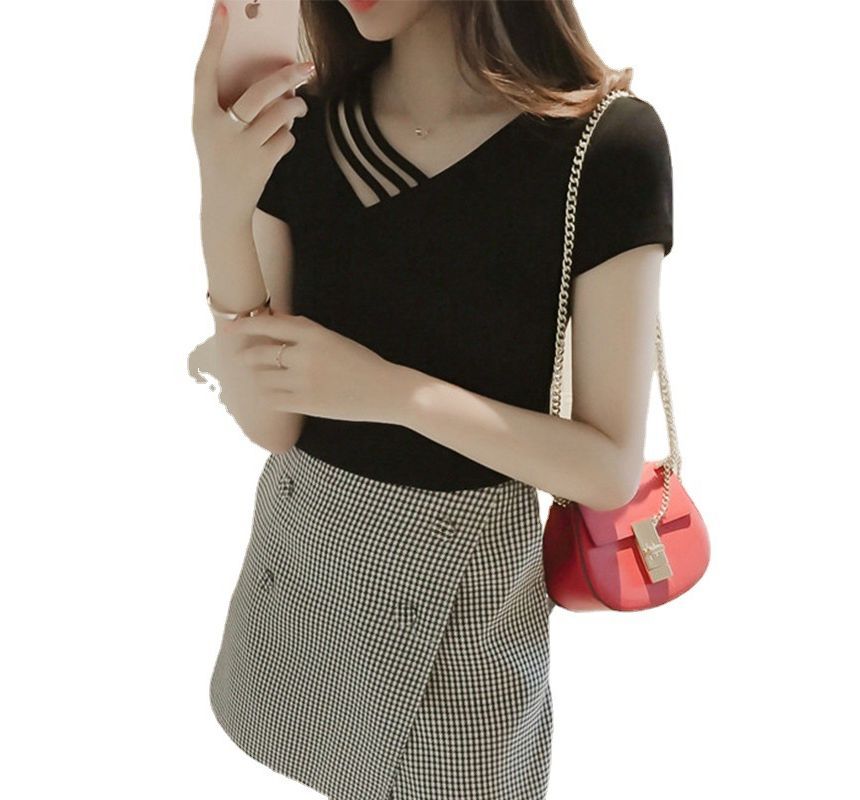 Asymmetrical Strappy Short-Sleeve Plain Tee V-Neck