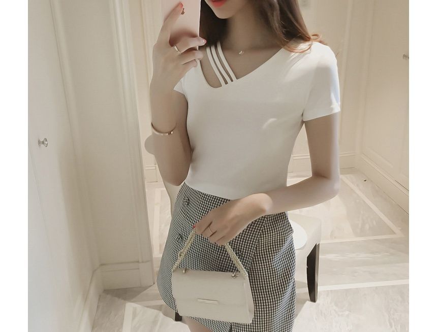 Asymmetrical Strappy Short-Sleeve Plain Tee V-Neck