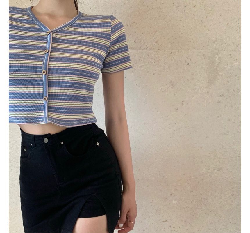 Striped Tee Button-Up Short-Sleeve Crop V-Neck