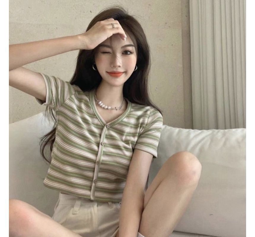 Striped Tee Button-Up Short-Sleeve Crop V-Neck