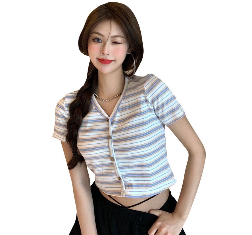 Striped Tee Button-Up Short-Sleeve Crop V-Neck