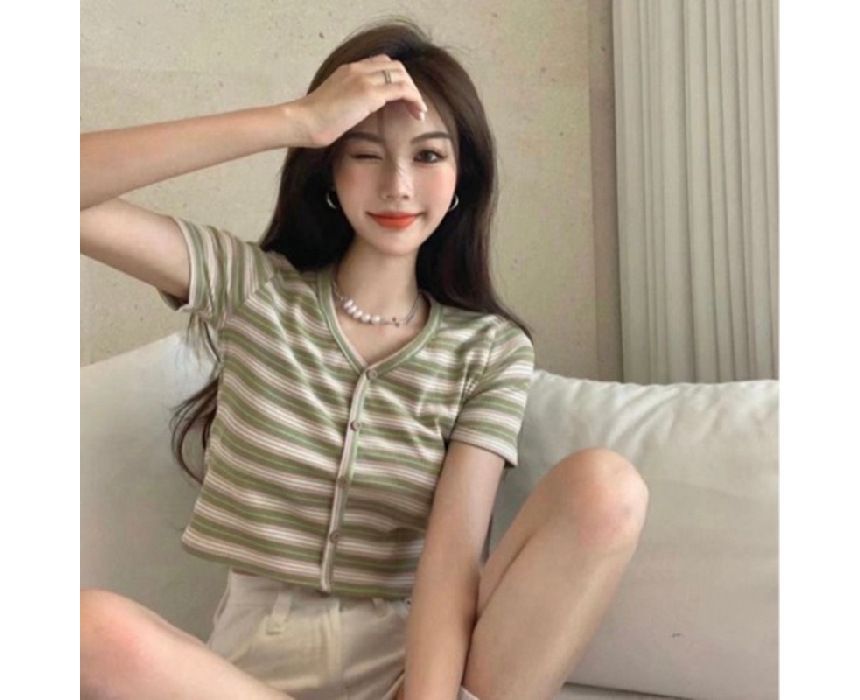 Striped Tee Button-Up Short-Sleeve Crop V-Neck