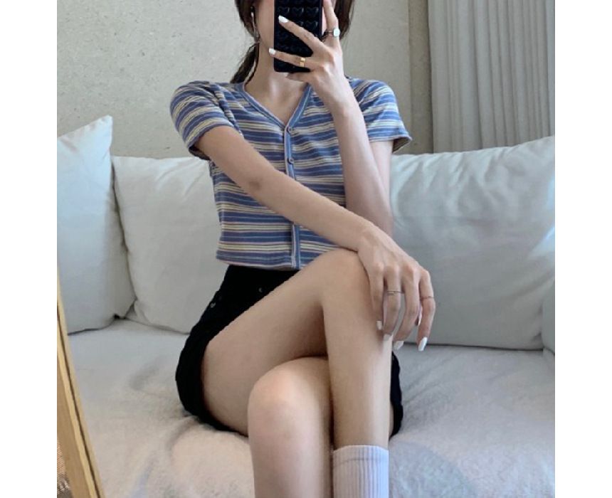 Striped Tee Button-Up Short-Sleeve Crop V-Neck