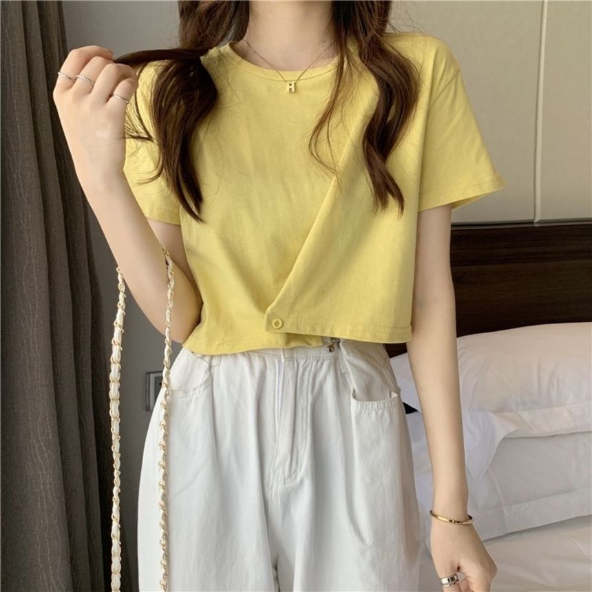 Neck Short-Sleeve Plain Buttoned Round Tee