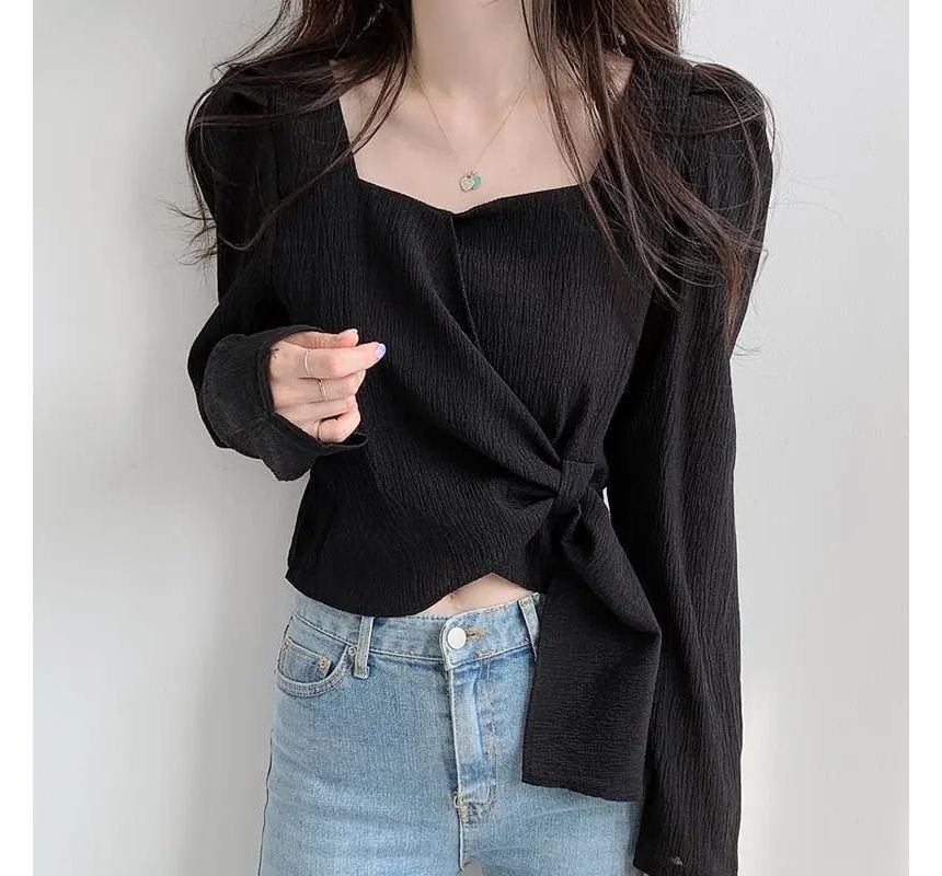 Sweetheart-Neckline Blouse Tie-Side Plain Puff-Sleeve