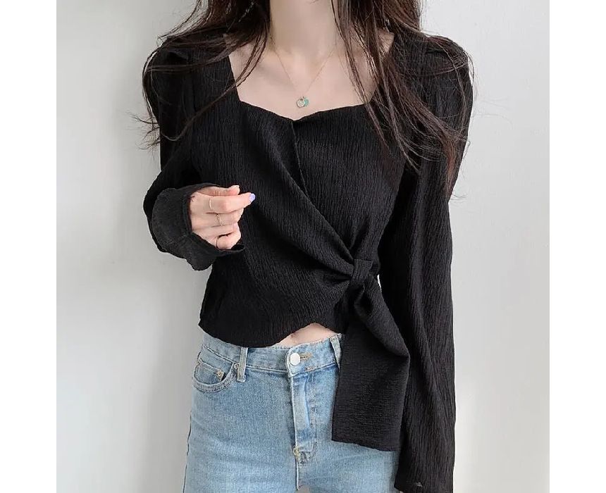 Sweetheart-Neckline Blouse Tie-Side Plain Puff-Sleeve