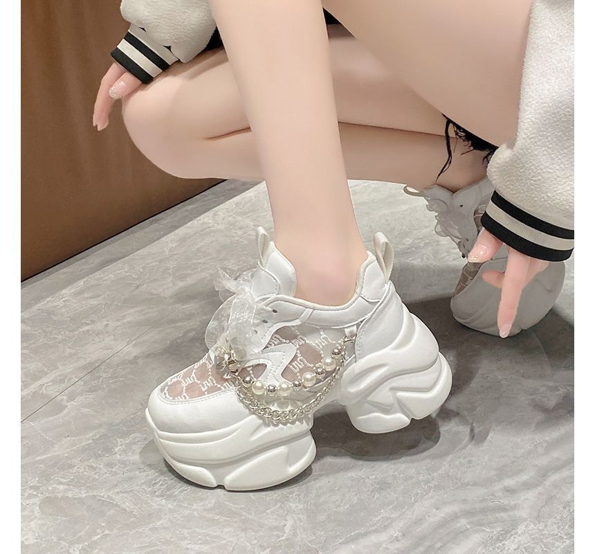 Faux Lace Sneakers Panel Lace-Up Pearl Pattered Platform