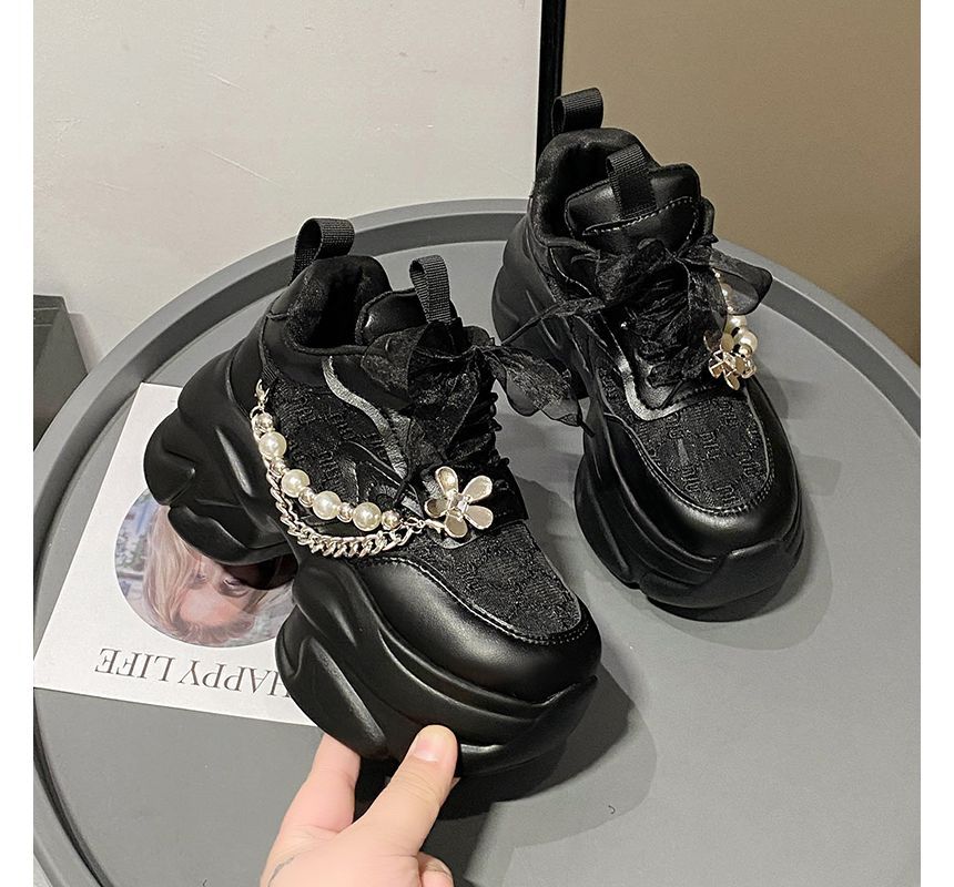 Faux Lace Sneakers Panel Lace-Up Pearl Pattered Platform