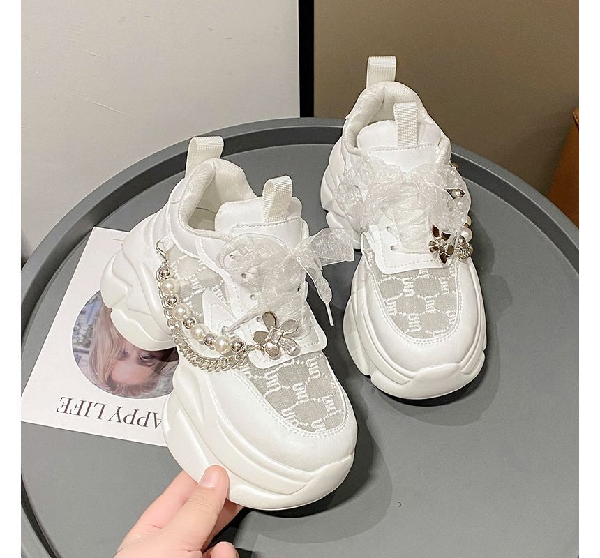 Faux Lace Sneakers Panel Lace-Up Pearl Pattered Platform
