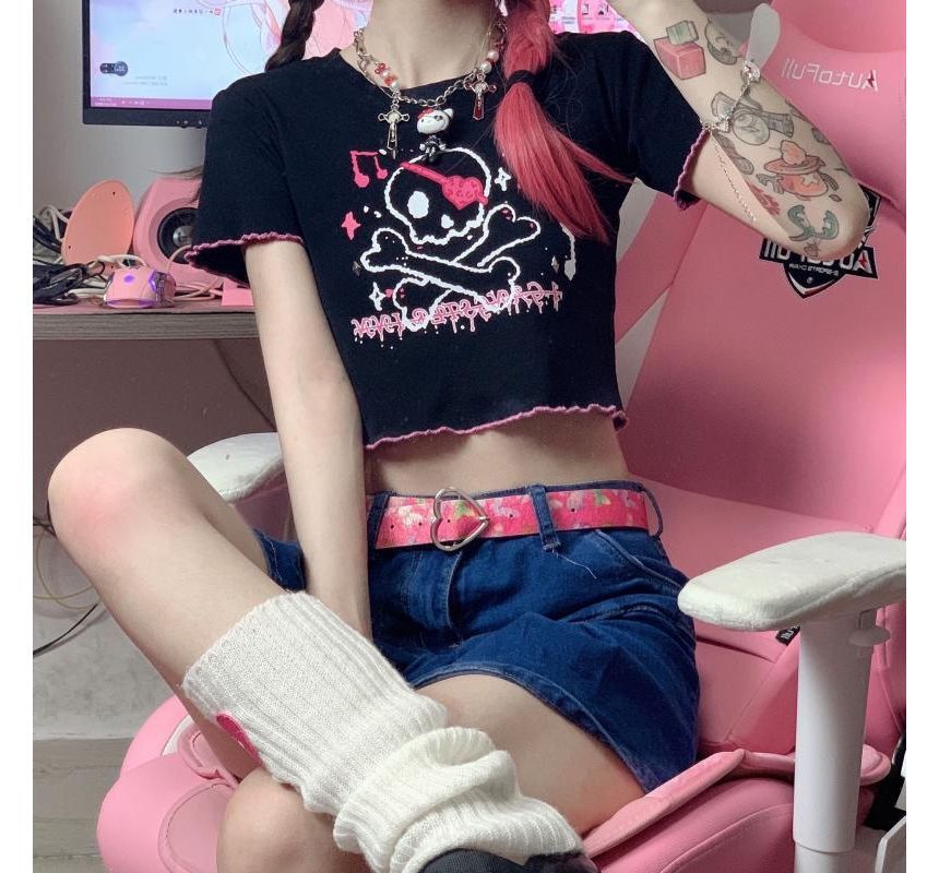 Contrast Tee Skull Trim Short-Sleeve Crew Neck Crop Print