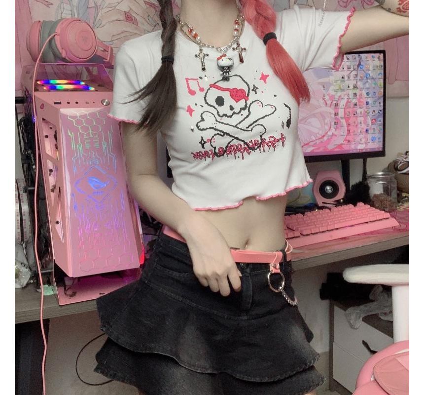 Contrast Tee Skull Trim Short-Sleeve Crew Neck Crop Print