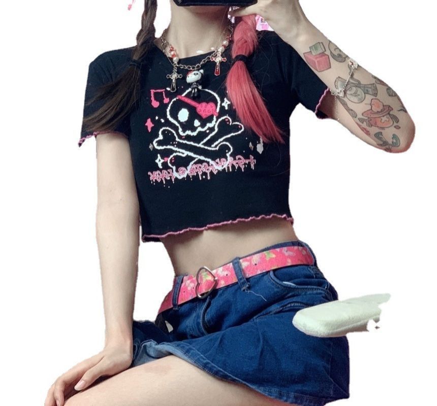 Contrast Tee Skull Trim Short-Sleeve Crew Neck Crop Print