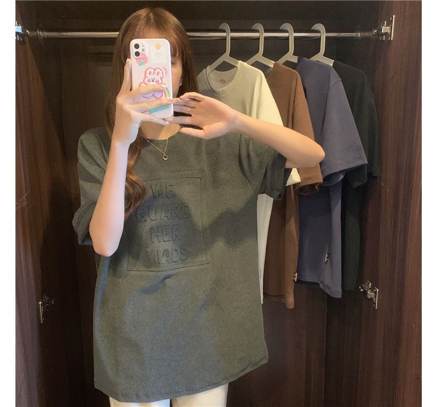 Plain Lettering Crew Elbow-Sleeve Tee Embossed Neck Oversized