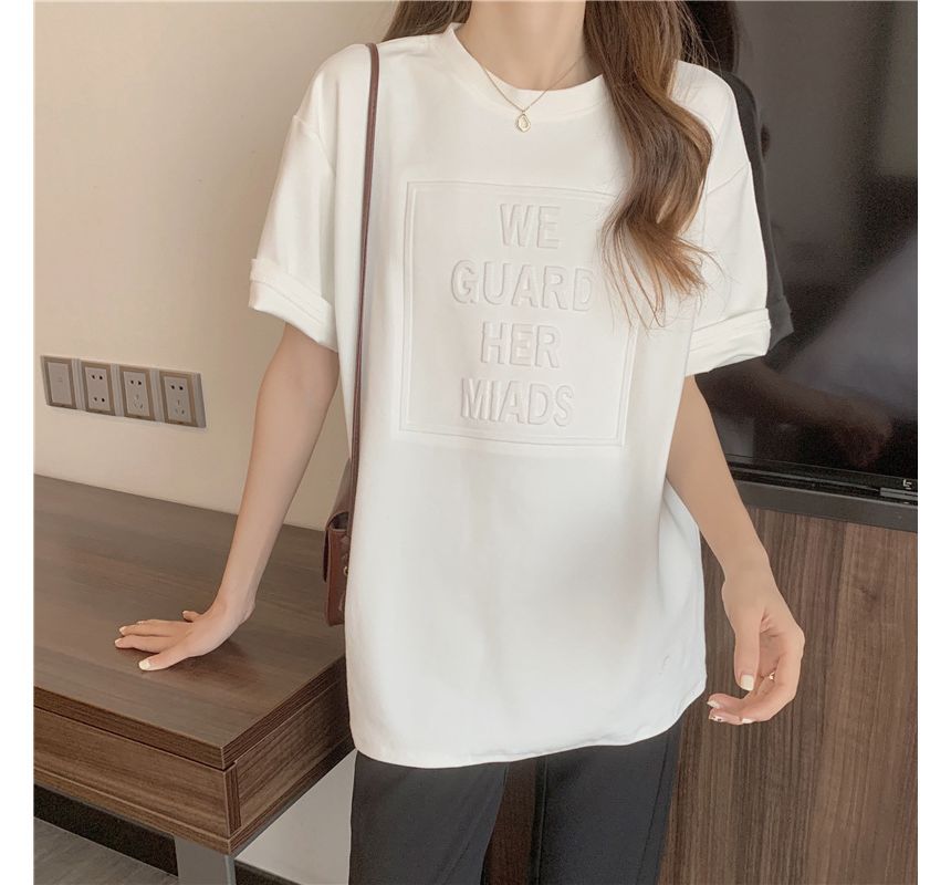 Plain Lettering Crew Elbow-Sleeve Tee Embossed Neck Oversized